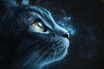 A detailed portrait of a feline gazing into the cosmos
