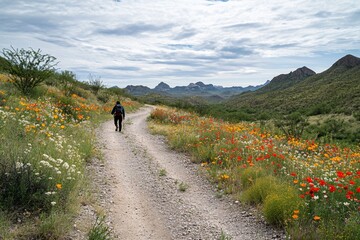 Obraz premium Hiker on a dirt road amidst vibrant wildflowers and mountains under a cloudy sky.