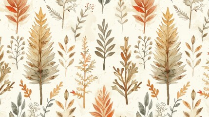 A decorative pattern featuring various autumn leaves and plants in warm colors.
