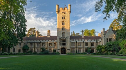 Historic English collegiate building, courtyard scene,  golden hour, students relaxing