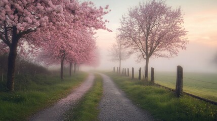 Obraz premium Misty dawn path lined with blossoming pink cherry trees.