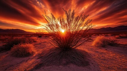 Fiery sunset over desert landscape with yucca plant in foreground.