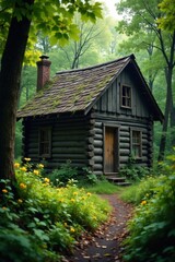 Old cabin in the woods, weathered wooden exterior, overgrown garden, and a dense thicket of branches surrounding it, dark wood, seclusion