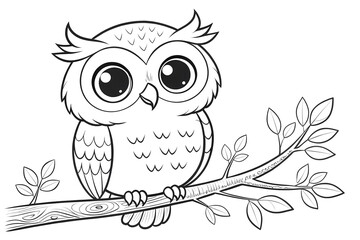 owl on branch outline art . color page for kids. adult color page KDP