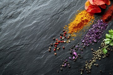Various Colorful Spices Scattered on Dark Textured Stone Background Top View