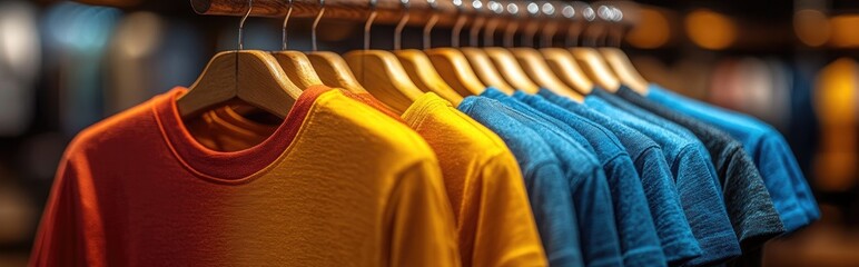 Obraz premium Colorful Shirts Hanging on Wooden Hangers in a Store