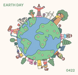 Cute flat illustration of children around the Earth celebrating Earth Day, recycling, hugging trees, planting, and using renewable energy. Eco-friendly message.