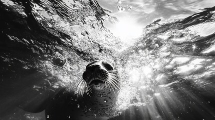 Underwater black and white photo of a seal surfacing, sunbeams shining through the water.