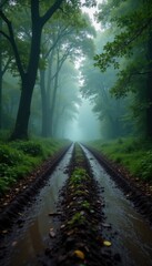 Obraz premium Muddy road with overgrown trees and foggy atmosphere, muddy, grunge