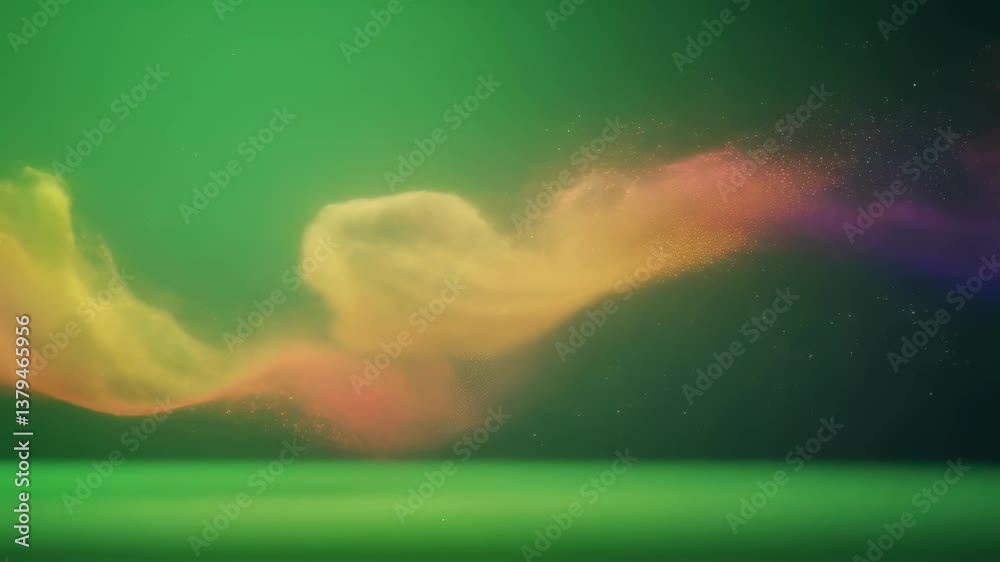 Poster colorful particles are gracefully flowing and swirling against a vibrant green screen backdrop, crea