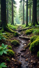 Obraz premium Muddy forest floor with fallen trees and moss, earthy, rugged