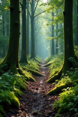 Obraz premium Muddy forest path with moss-covered trees and fallen branches, decay, earthy, forest