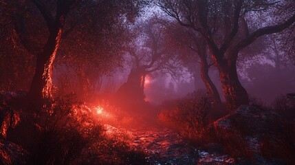 Fototapeta premium Mystical crimson glow illuminates pathway through the ethereal forest