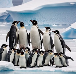 Obraz premium Penguins gathered in a tight group, their bodies huddled for warmth, as a blizzard rages around them. Generative AI 