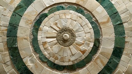 Circular mosaic design featuring green and beige tiles arranged in concentric patterns.