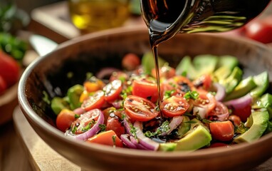 Pouring Olive Oil Over a Fresh Greek Salad