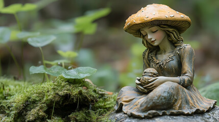 A charming ceramic statue of a fairy with a mushroom hat