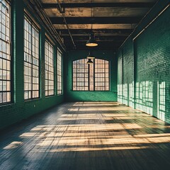 Sunlit green brick wall interior with wood floor and large windows.