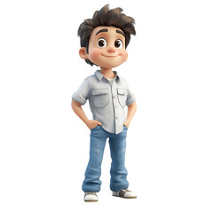 Shy Cartoon Character Glancing Sideways Wearing White Shirt and Jeans Isolated on Transparent Background