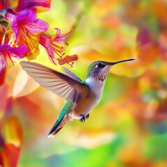 Fototapeta premium Colorful hummingbird in flight amidst vibrant flowers