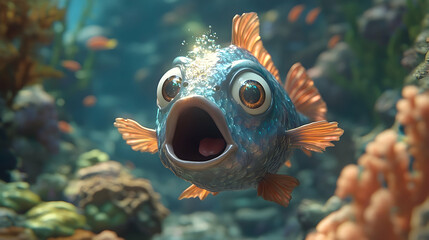 A cartoonish fish with wide eyes and an open mouth swimming underwater