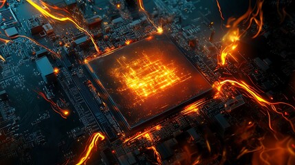 Close-up view of a computer circuit board with a glowing microchip surrounded by vibrant orange and blue light patterns illustrating technological advancement and innovation