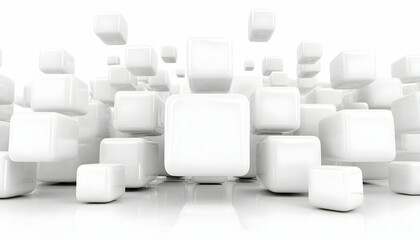 Abstract background of numerous white cubes, varying in size, scattered across a reflective surface