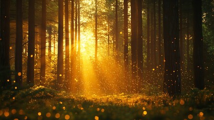 Enchanted Forest, Golden Sunlight Filtering Through Majestic Pine Trees