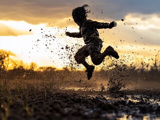 Silhouetted child joyfully leaping in a muddy puddle at sunset, splashing water and mud.