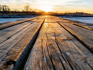 Wooden boardwalk at sunset over frozen lake.
