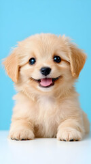 Adorable fluffy tan puppy smiling against a light blue background