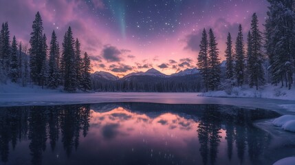 Fototapeta premium Majestic winter landscape with vibrant sunset, starry sky, snow-covered trees reflected in a frozen lake.