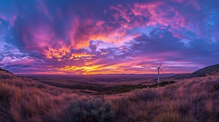 Obraz premium Vibrant sunset panorama over a vast landscape with a single wind turbine.