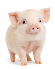 Adorable tiny piglet standing, facing forward, isolated on white