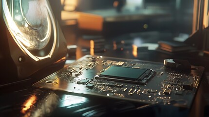 Close-up view of a printed circuit board featuring intricate components and connections, illuminated by warm lighting in a modern workspace, conveying a sense of technology and innovation