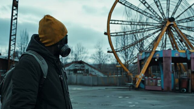 A Mysterious Figure Wearing a Gas Mask at a Creepy, Abandoned Amusement Park Captivates the Imagination