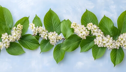 Blooming branch with lush green leaves arranged on a light blue background