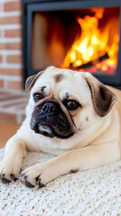Calm pug dog resting near a warm fireplace