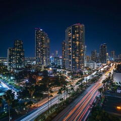 Fototapeta premium Night cityscape with illuminated skyscrapers and light trails on a highway.