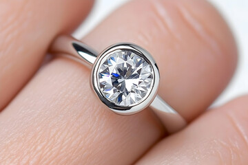 Close-up of a hand showcasing a solitaire diamond ring with a bezel setting