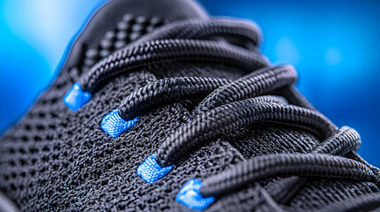 Close-up of dark gray athletic shoe laces and breathable fabric against a blue backdrop