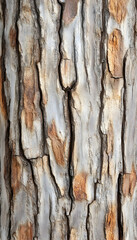 Obraz premium Close-up of textured tree bark, showing vertical cracks and variations in color from light gray to brown