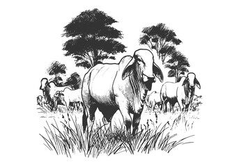 Brahman Cattle hand drawn sketch illustration vector