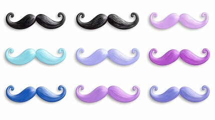 Colorful whimsical mustaches in various shades, isolated on white