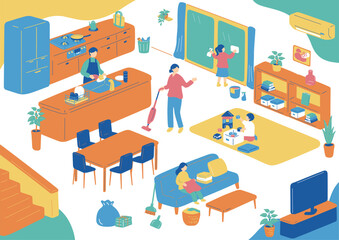 部屋の掃除をする人達