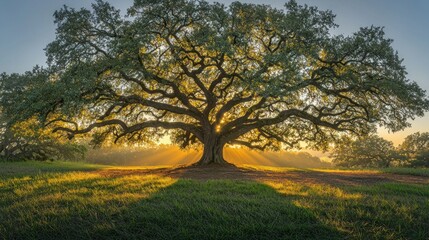 Majestic oak tree bathed in golden sunrise rays over a grassy field
