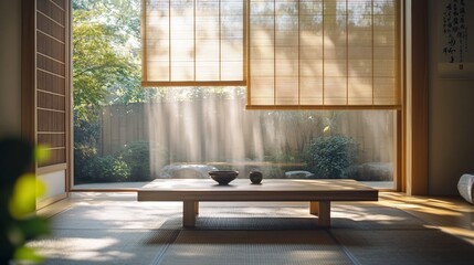 Fototapeta premium Sunlit minimalist room with low table, shoji screens, and zen garden view.