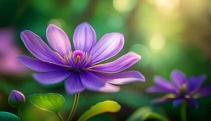 Fototapeta premium Stunning purple flower in sharp focus against serene blurred green background. Generated image