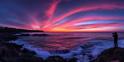 Photographer capturing vibrant sunset over ocean waves crashing on rocky shore.