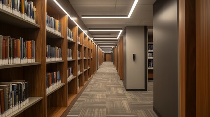 Modern library hallway with bookshelves and carpeted floor.